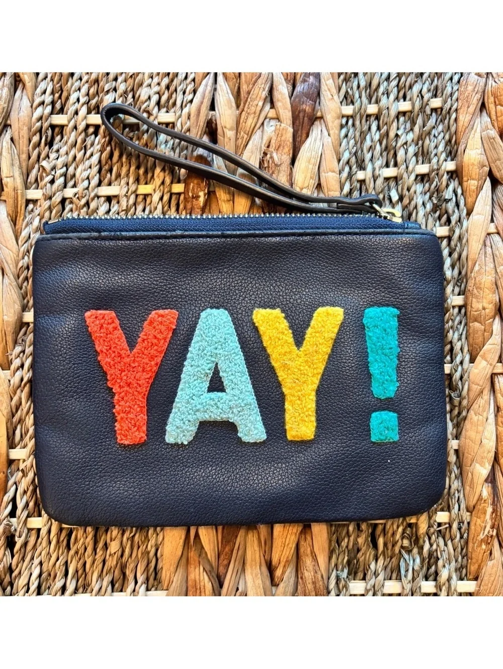Navy Wristlet Pouch with Colorful 'YAY!' Applique